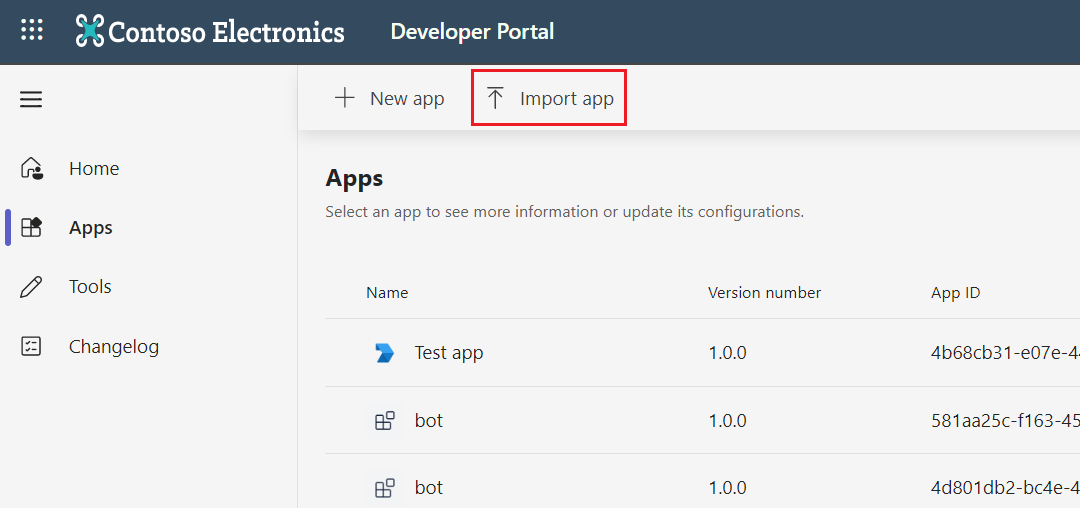 Screenshot shows how to import your existing app in Developer Portal to manage your apps.