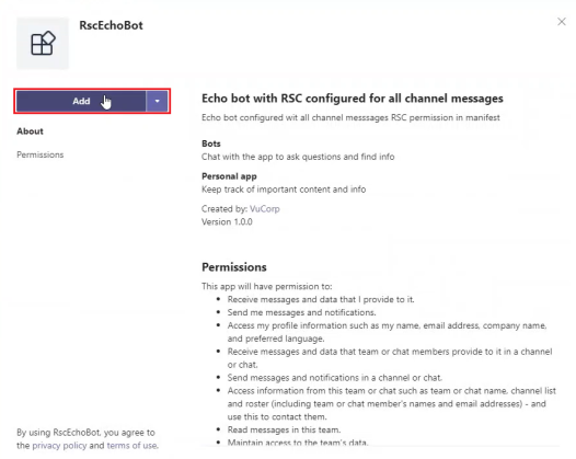 Screenshot shows the Add button to add the app to a team.