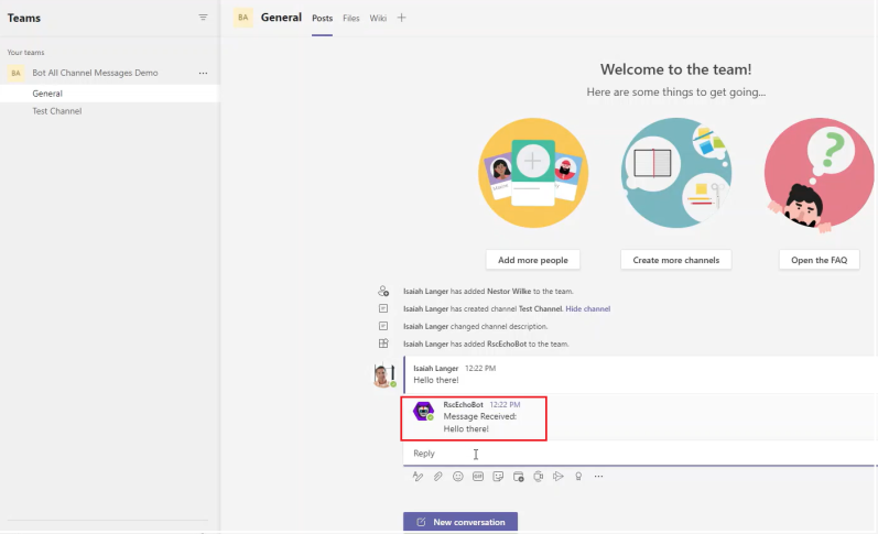 Screenshot shows a bot receiving message in a channel.