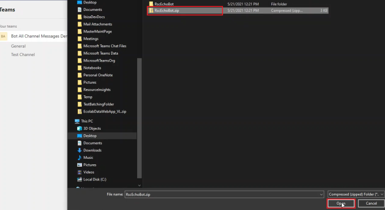 Screenshot shows the open dialog box to select the app package.