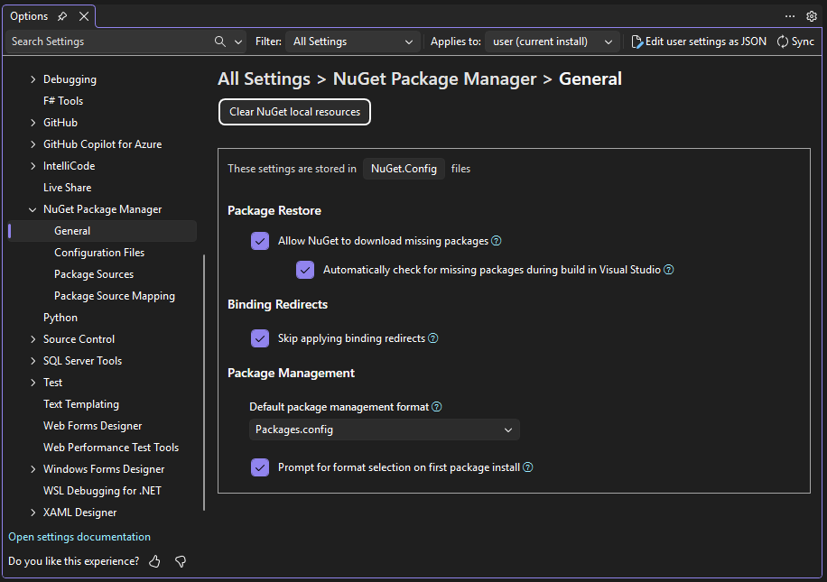 Screenshot that shows the NuGet Package Manager options.