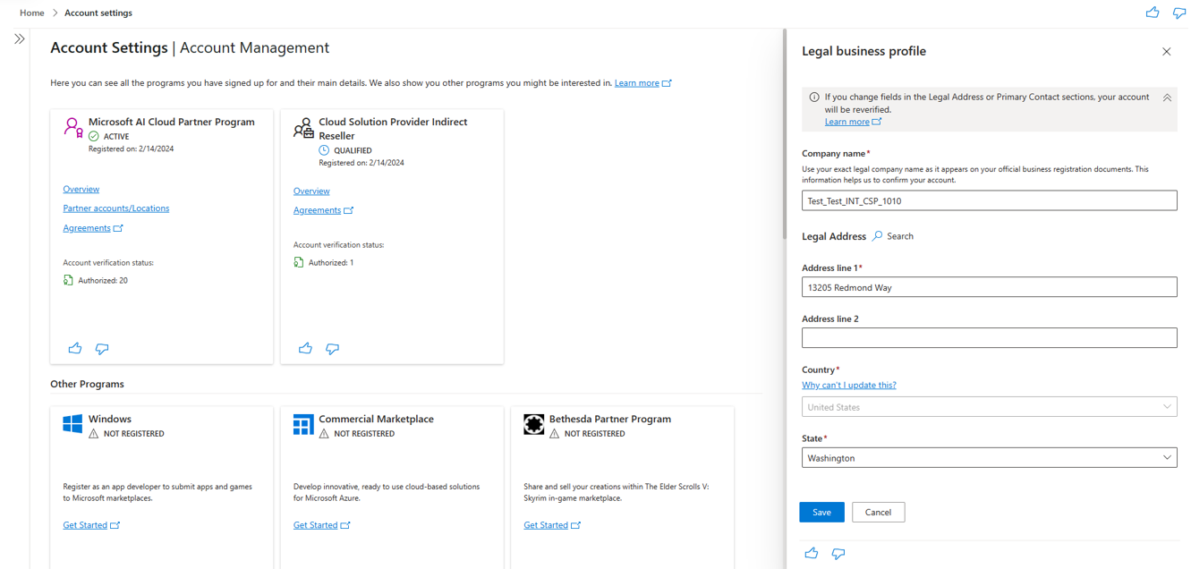 Screenshot illustrating the legal business profile panel in the new account management experience within the account settings workspace.