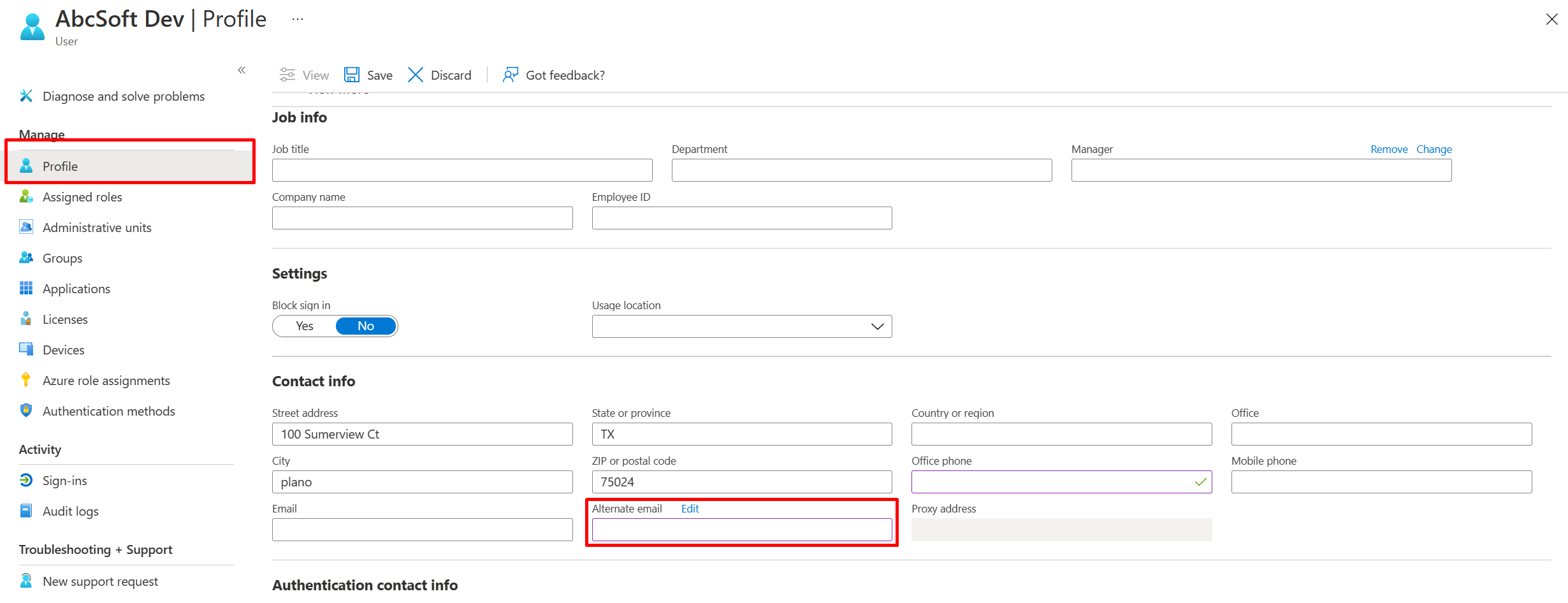 Screenshot showing where to enter an Alternate email address.