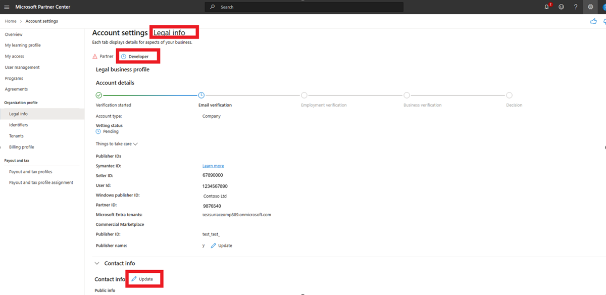 Screenshot of the Partner Center, Account settings, Legal info page.