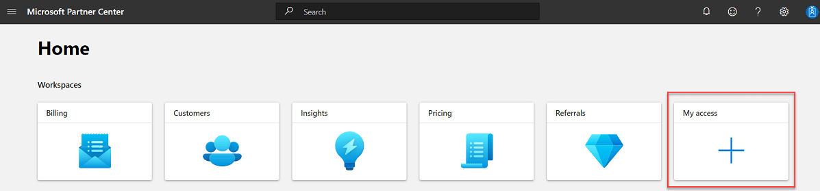 Screenshot of the My Access card at the Partner Center home page.