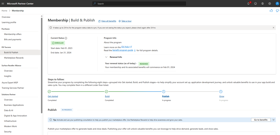 Screenshot that shows the ISV Success build and publish page.