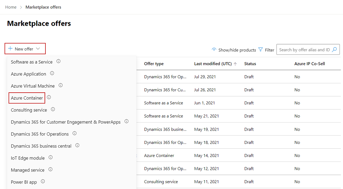 The left pane menu options and the 'New offer' button.