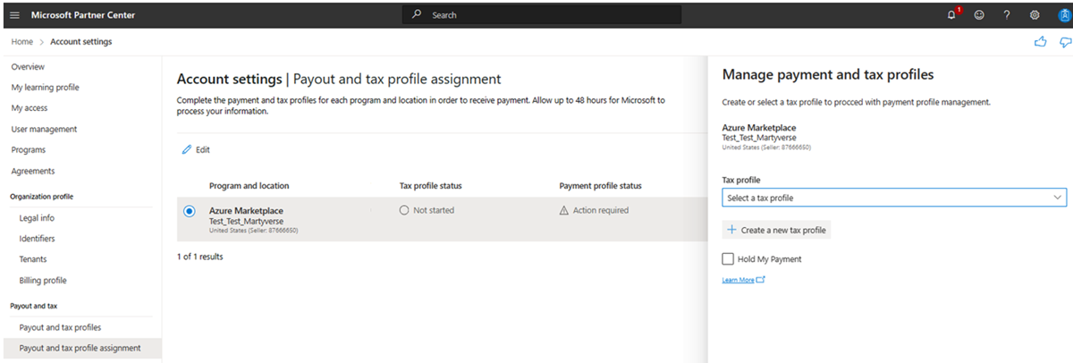 Screenshot of the Payout and tax profile assignment page.