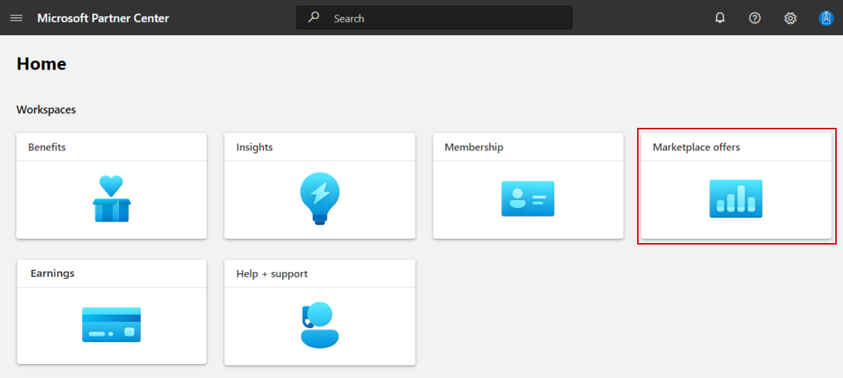 Screenshot that illustrates the Marketplace offers tile on the Partner Center Home page.