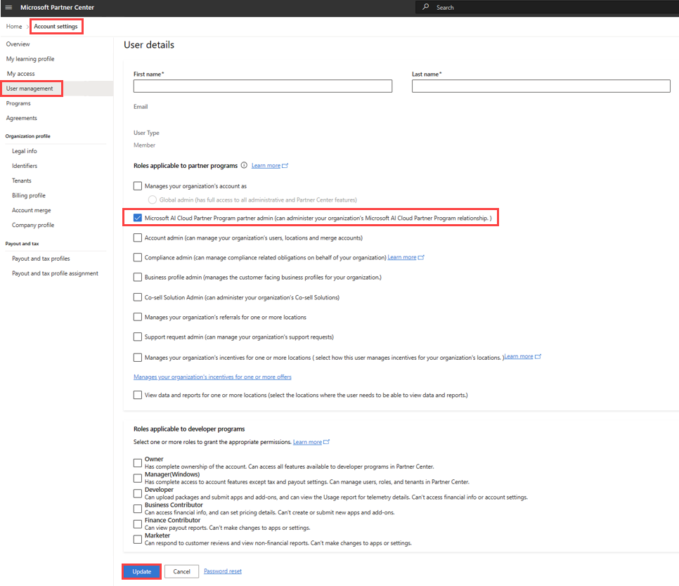 Screenshot of selections for assigning the Microsoft AI Cloud Partner Program partner admin role.
