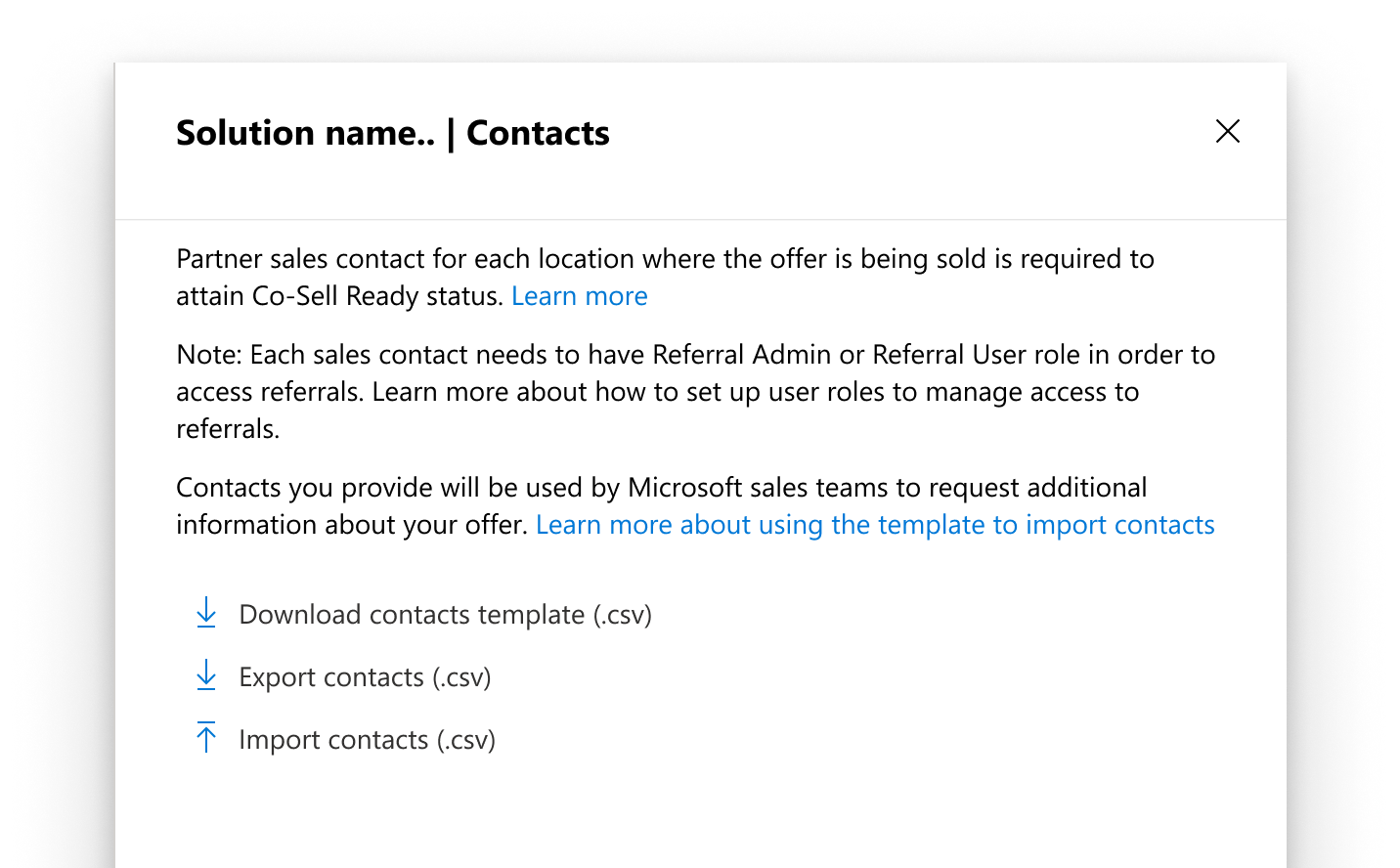 Screenshot shows the Contacts section of the Co-sell > Solutions forms.