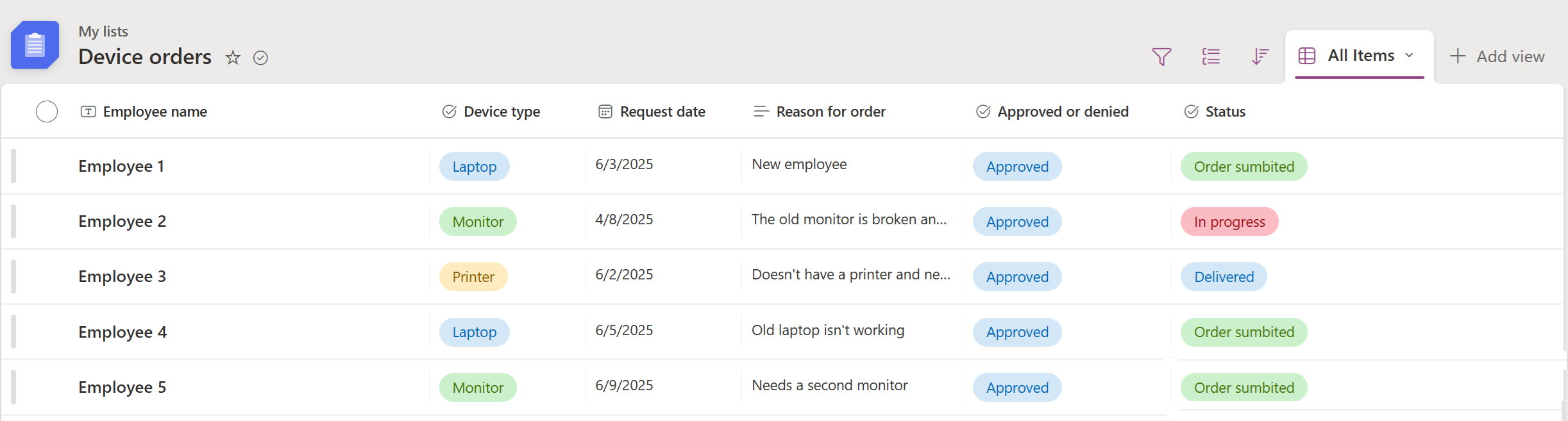 Screenshot of a sample list in Microsoft Lists that tracks device orders.