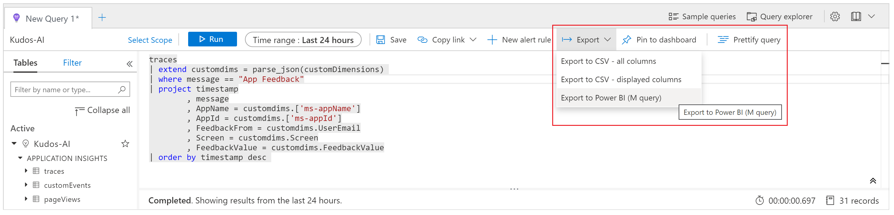 Export Power BI query Screenshot of the Export Power BI query option in the log analytics query window.