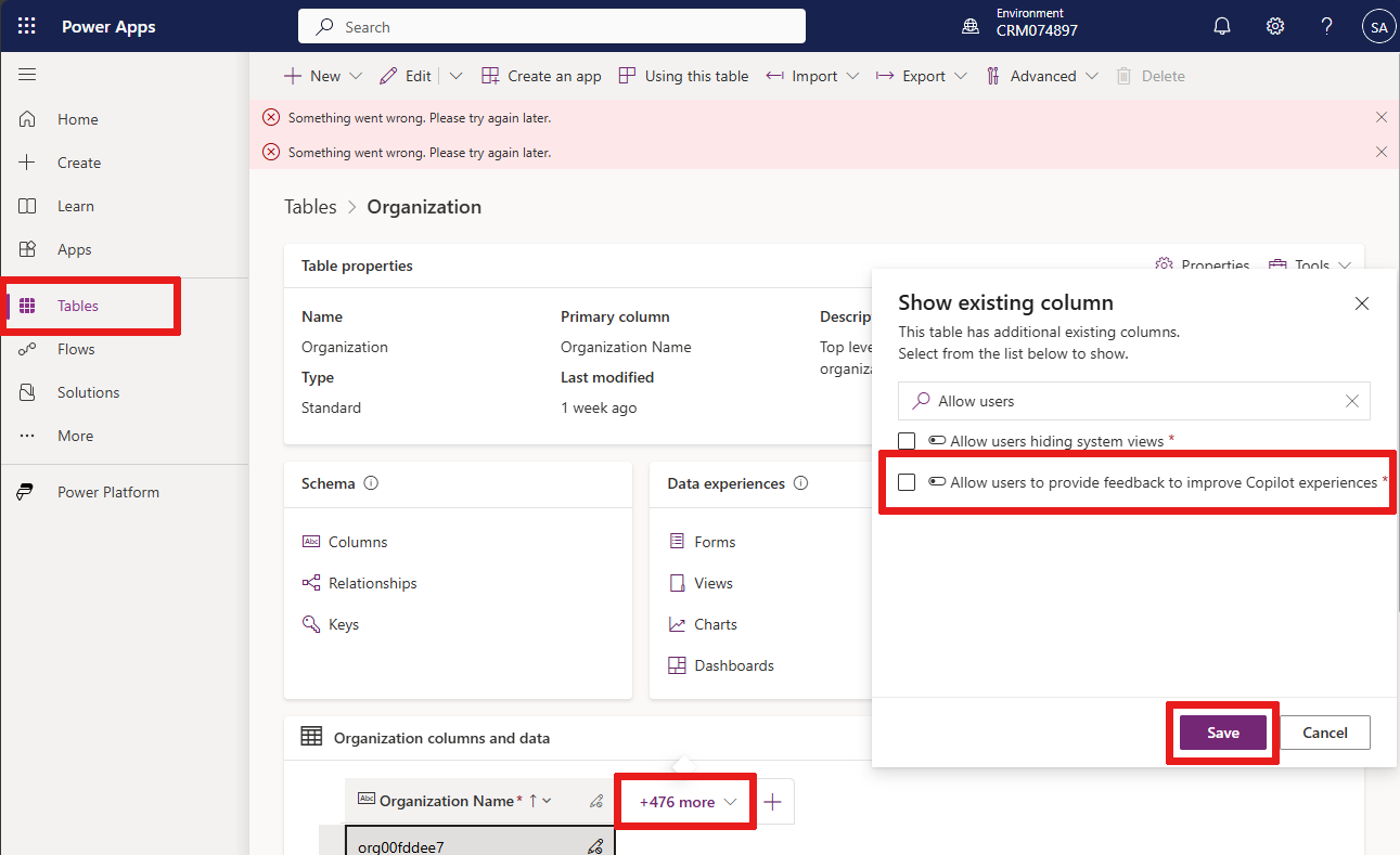 Screenshot of the Show existing column popup in Power Apps, highlighting the Allow users to provide feedback for App Copilot setting.