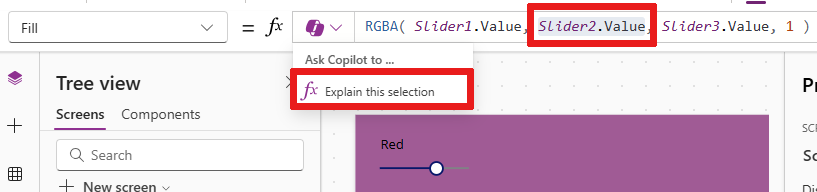 Screenshot of Copilot's option to Explain this section, showing part of the formula highlighted by the user.