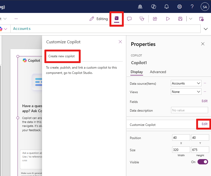 Screenshot of the Copilot control properties pane. The Edit and Edit in Copilot Studio buttons are highlighted.