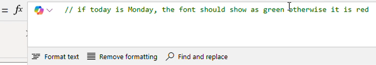 Screenshot of a comment typed in the Copilot formula bar.