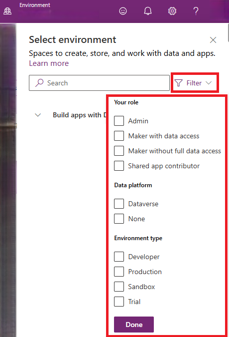 Environment selector to filter and select an environment