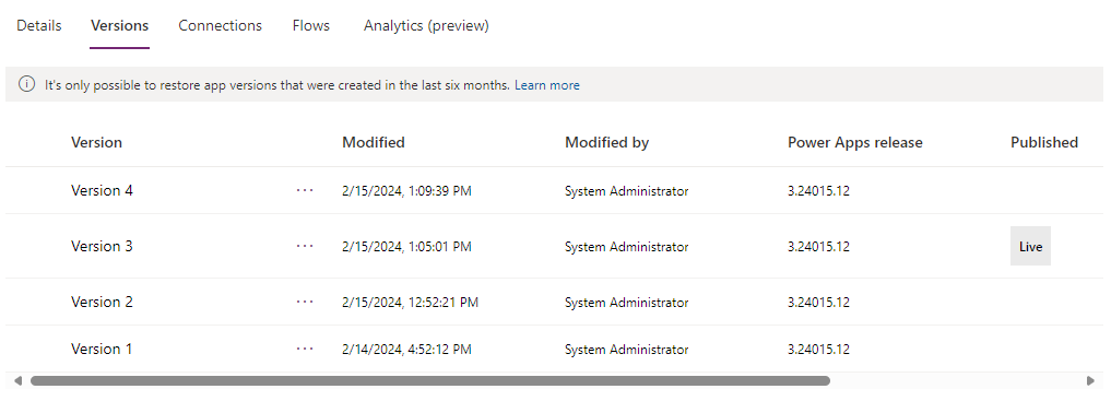 Screenshot of where different versions of the app are located and how to publish a specific version.