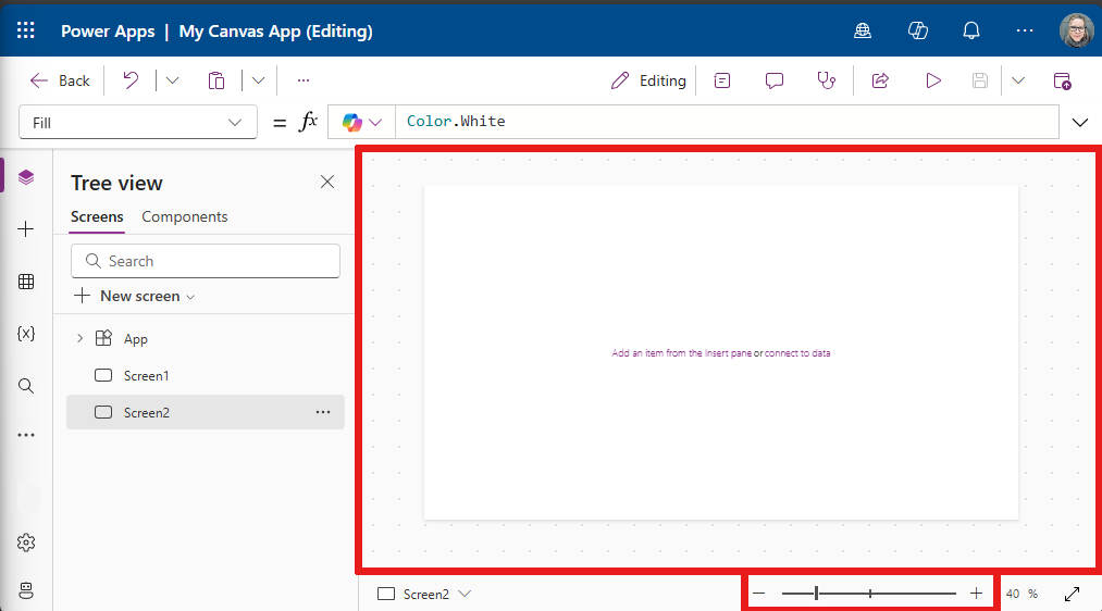 Screnshot that shows what a canvas fit to window looks like. This image also shows the zoom controls for your canvas.
