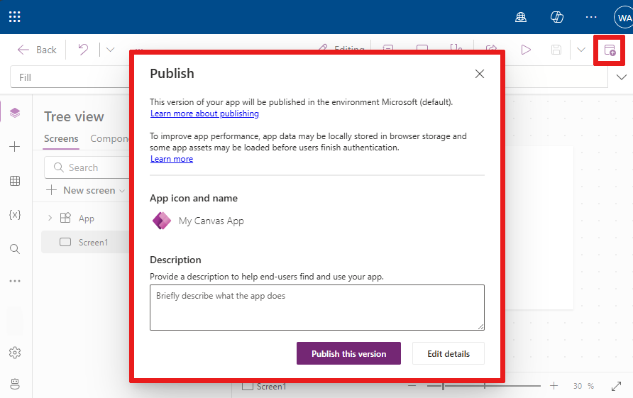 Screenshot that shows where the Publish app action is located and its popup where you can add details to the publishing of your app.