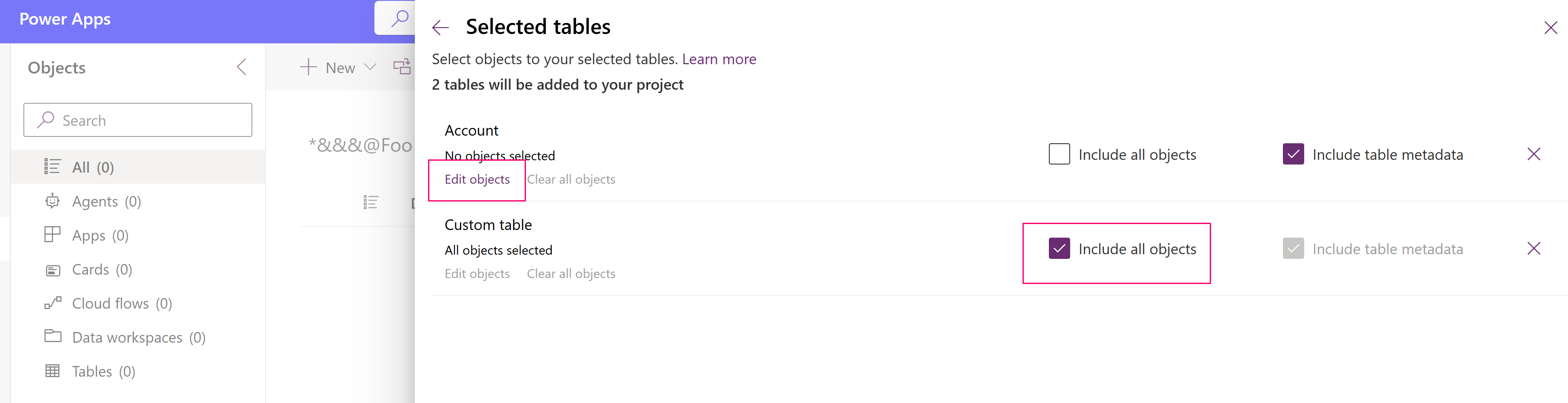 Choose the appropriate options when adding solution objects