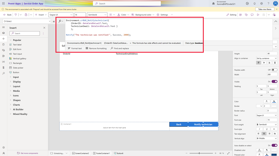 Add a button with Power Fx formula to send notification to technician