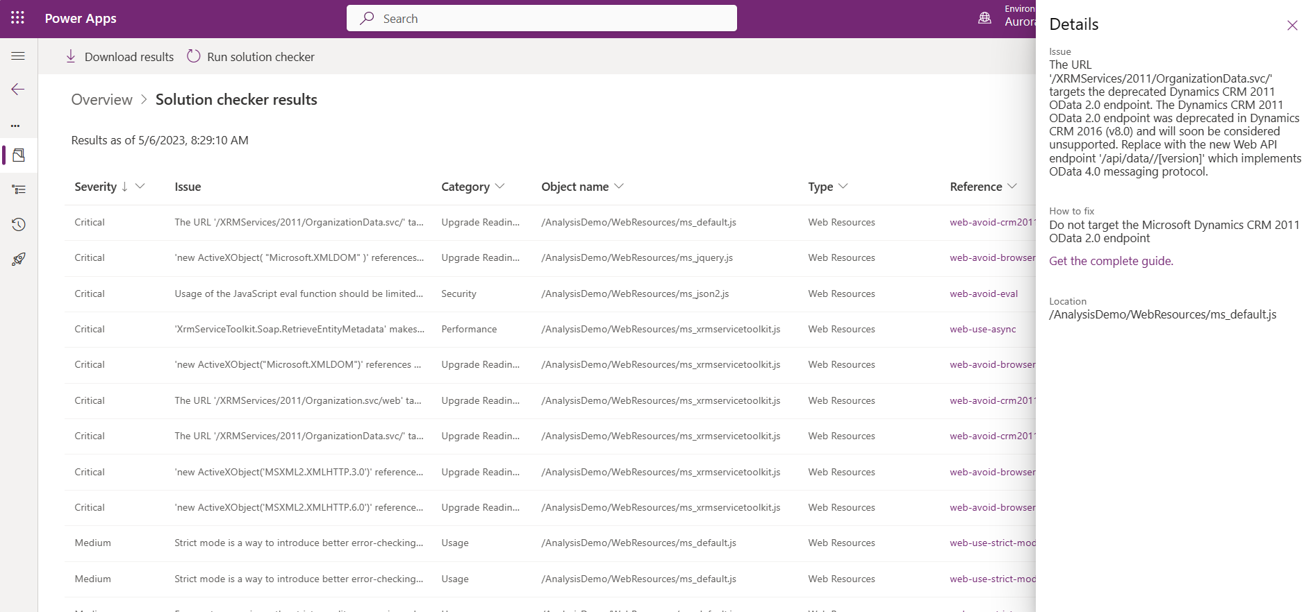 Solution checker example results and details