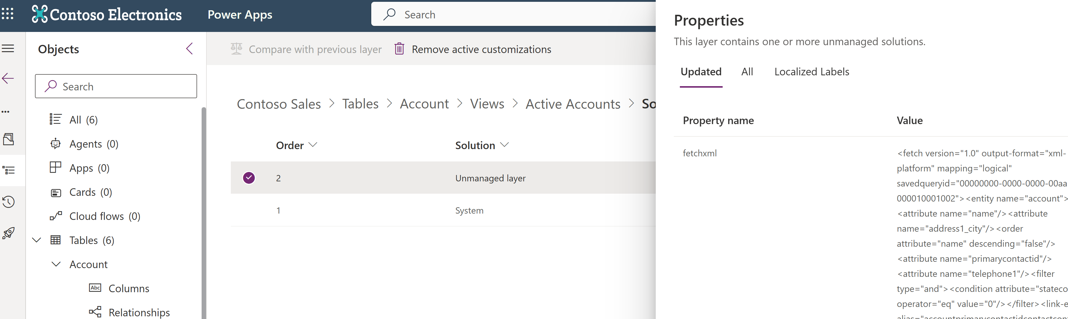 Solution layer updated properties for the Active Accounts view solution component
