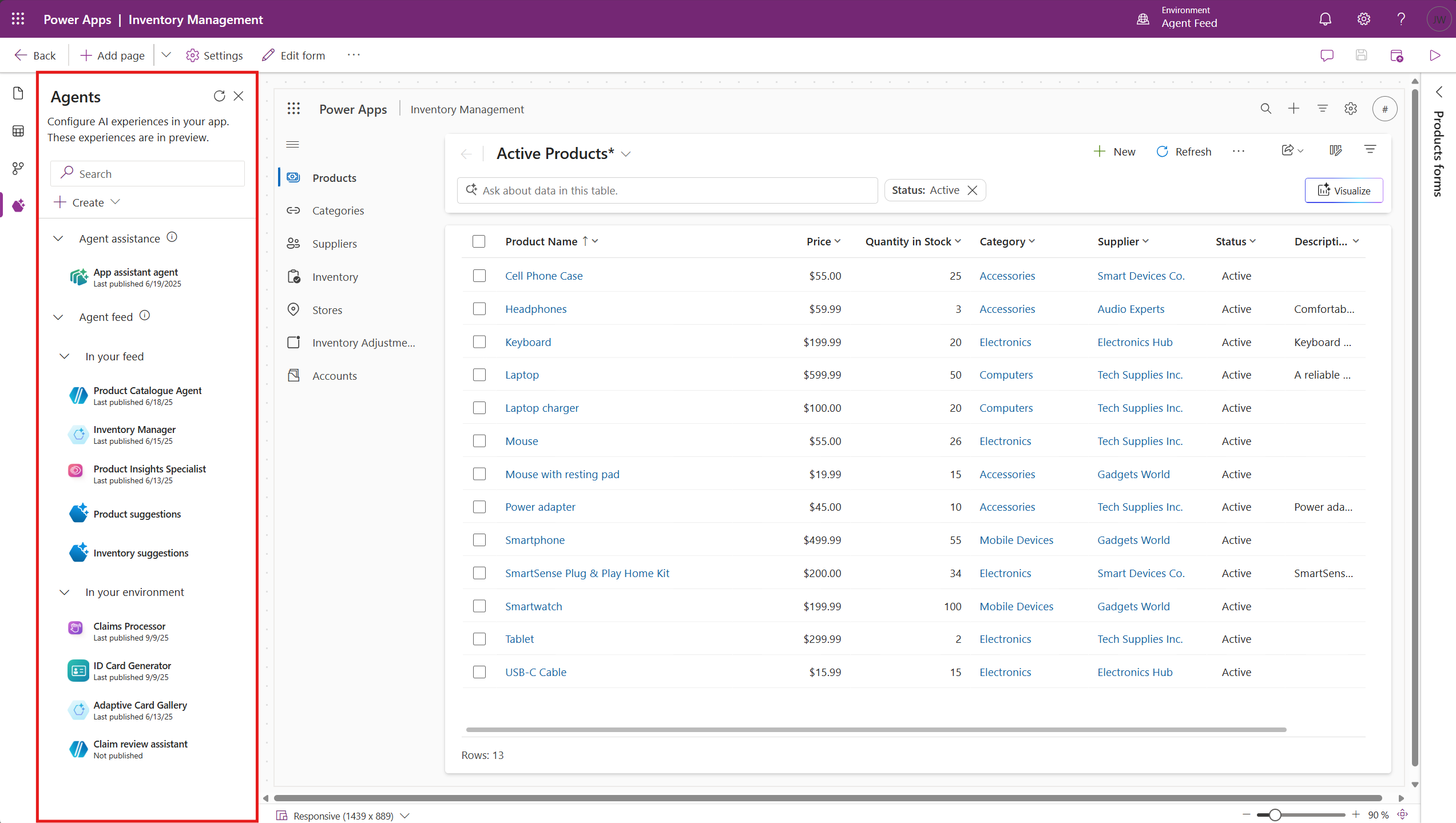 App designer Agents pane