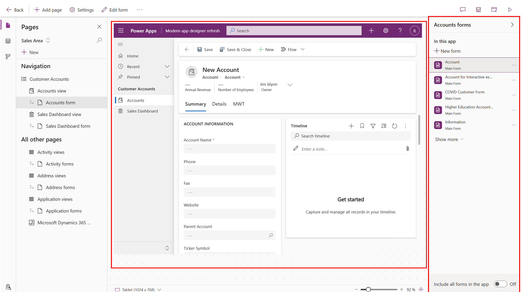 App designer with account and contact table added