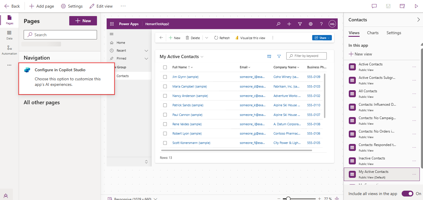 Open Copilot Studio to customize Copilot chat in model-driven app designer.