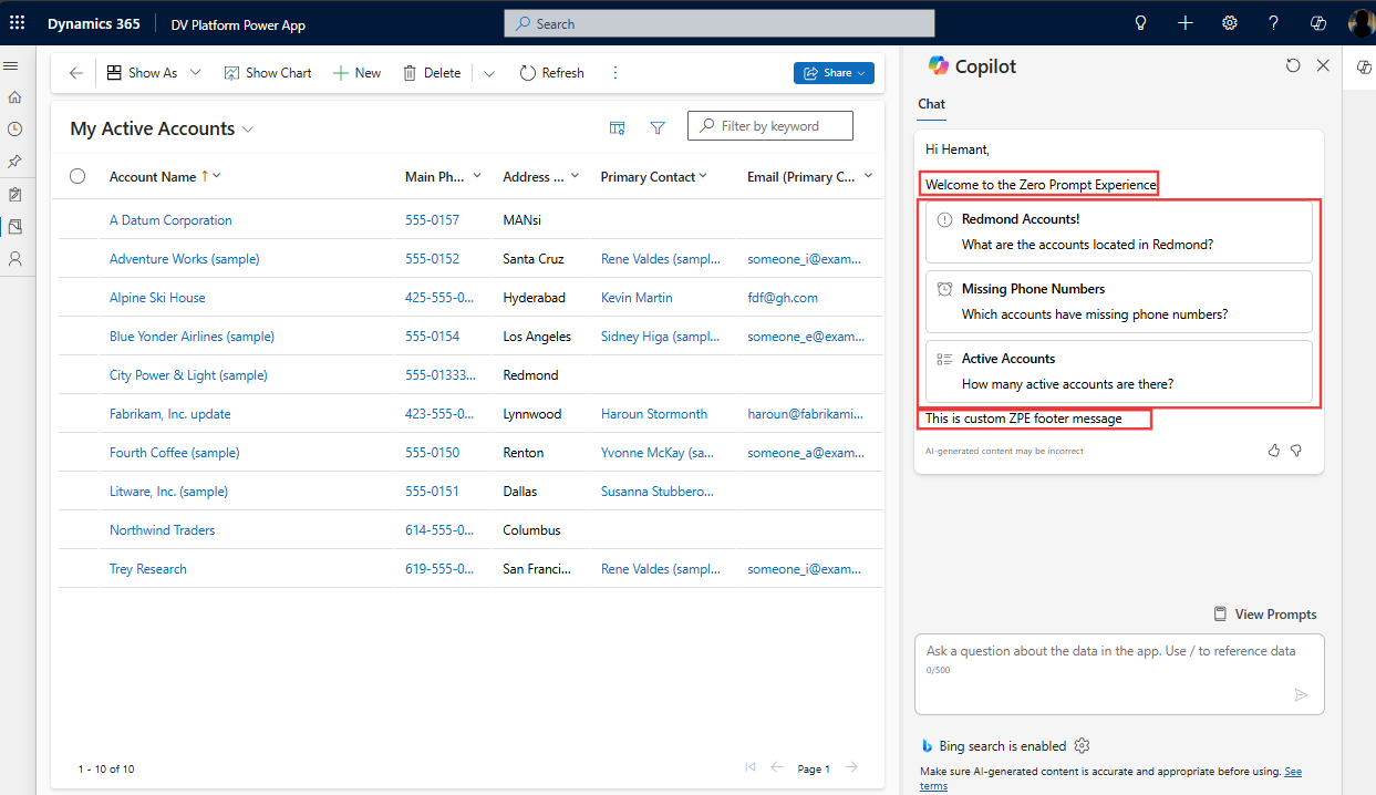 Zero prompt experience for model-driven apps Copilot chat