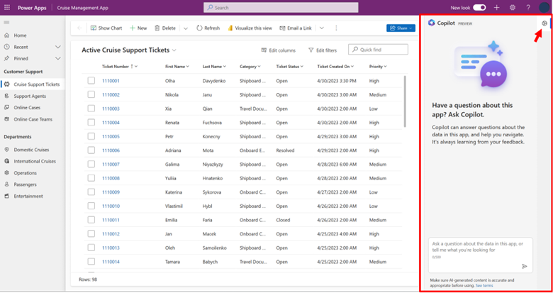 Screenshot of the Copilot chat pane in a model-driven app.