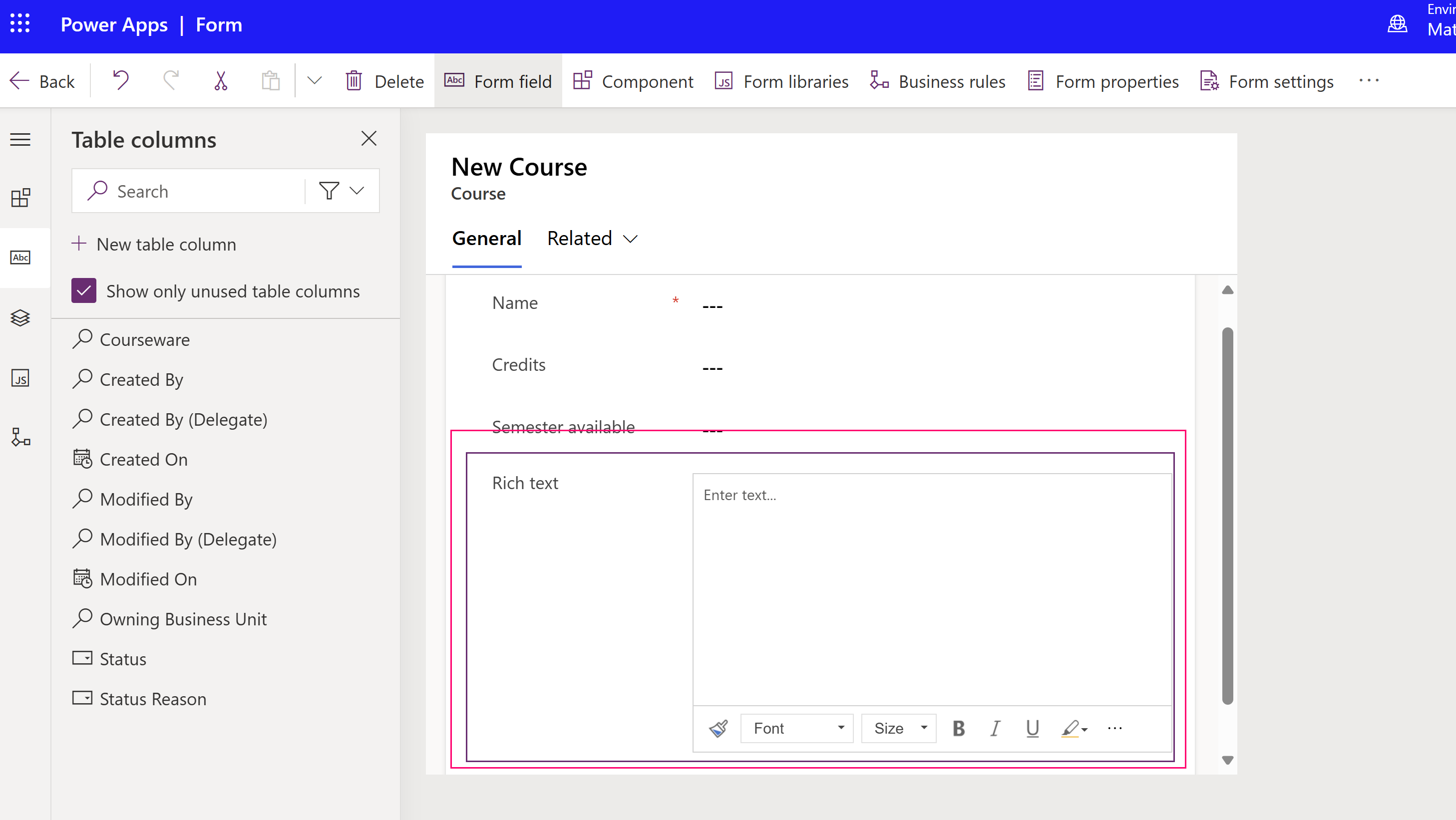 Screenshot of the rich text editor control on a model-driven app form.