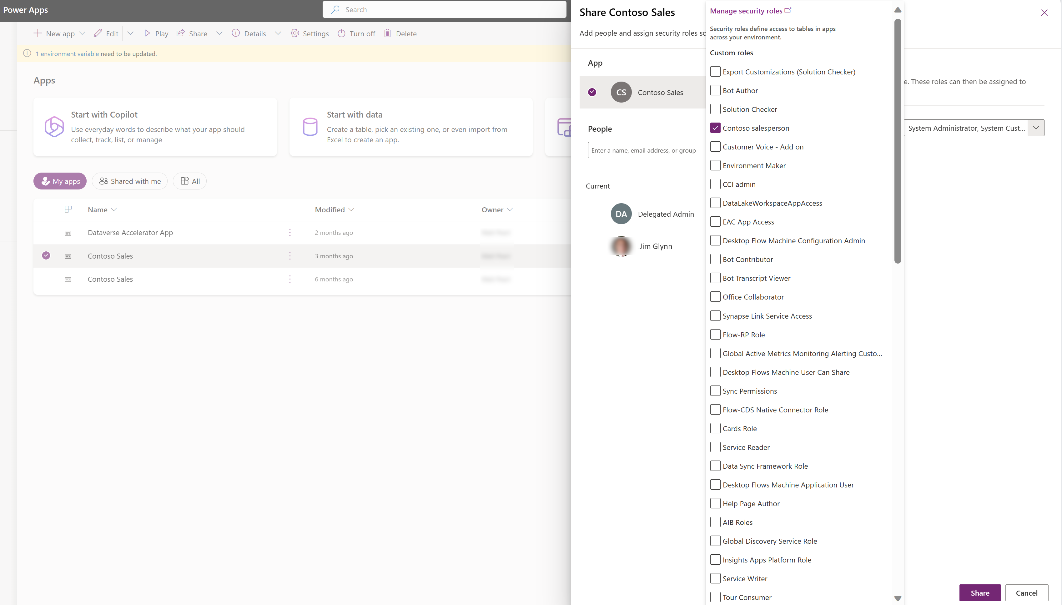 Assign security roles to app