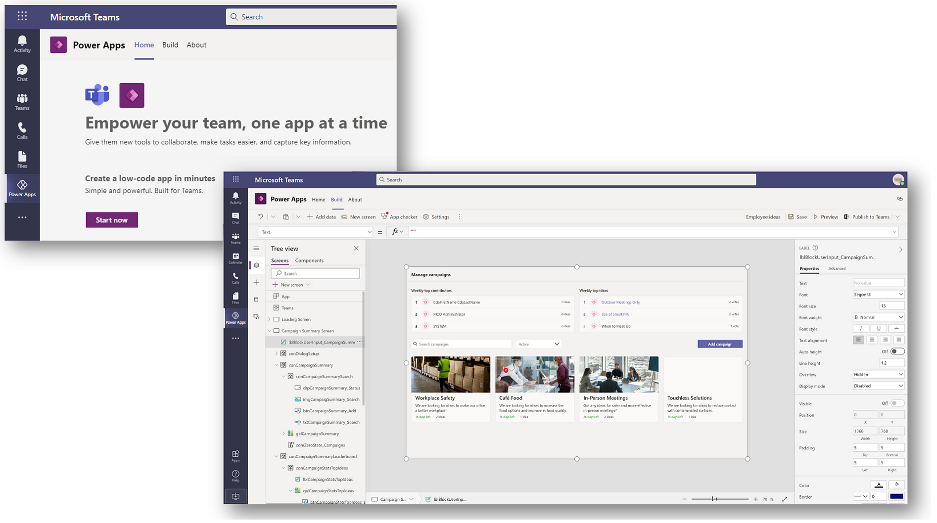 The app creation experience in Teams, including the embedded Power Apps Studio experience The app creation experience in Teams.