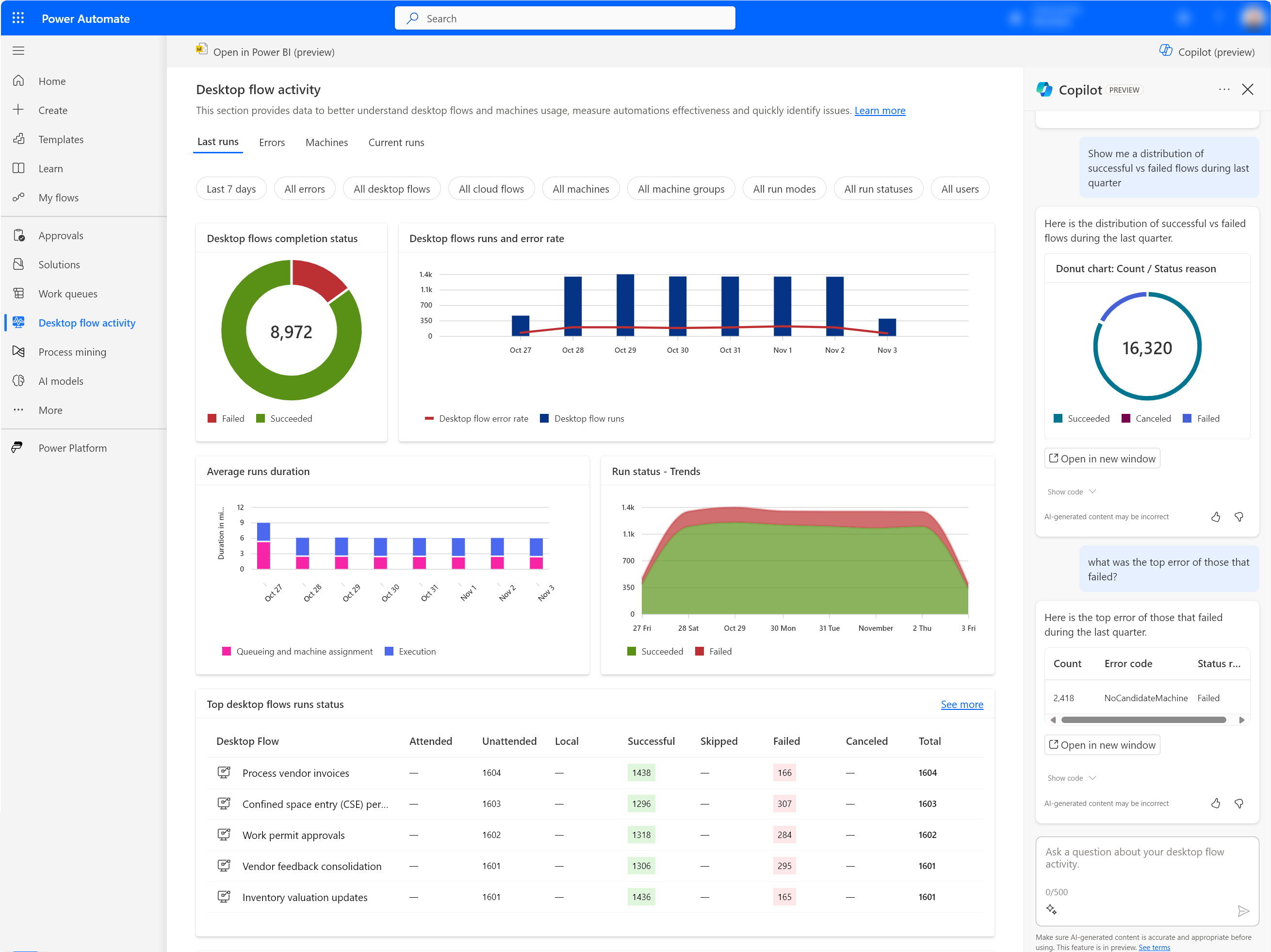 Screenshot of a copilot experience as part of desktop flow activity page.