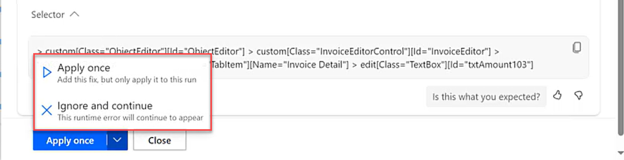 Screenshot of repair at runtime recommendation details panel with actions in the Automation center.