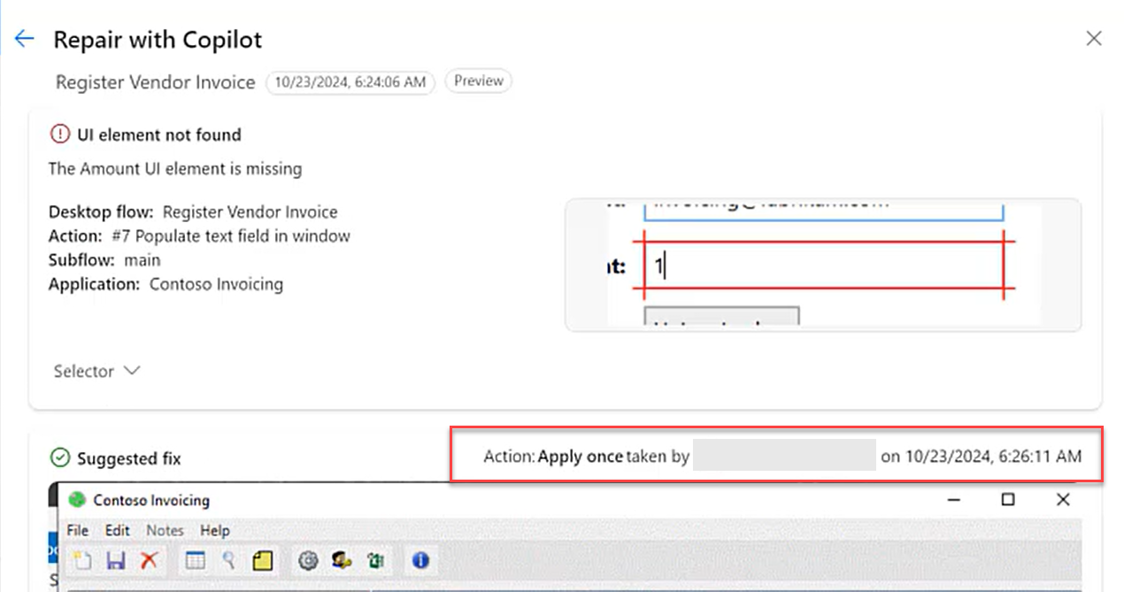 Screenshot of repair at runtime recommendation details panel with an audit trail in the Automation center.
