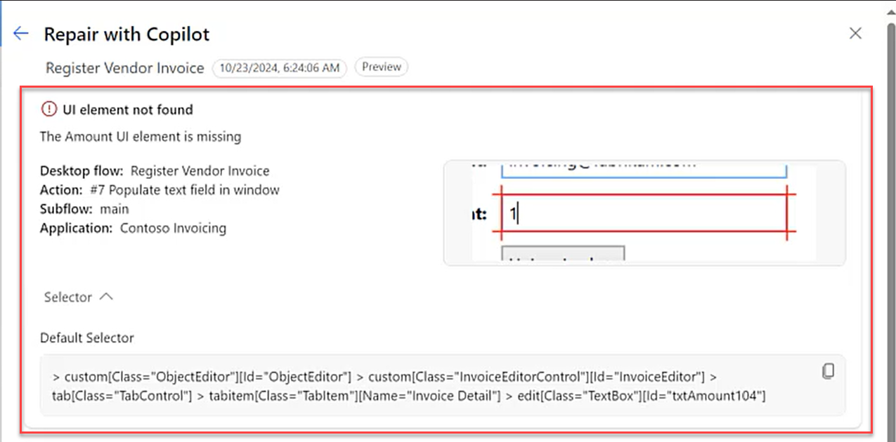 Screenshot of repair at runtime recommendation details panel with actions bar in the Automation center.