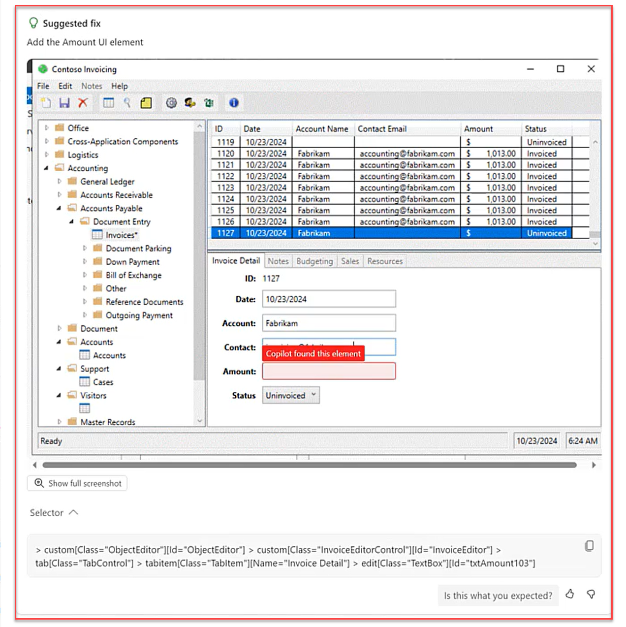Screenshot of repair at runtime recommendation details panel showing Copilot suggestion in the Automation center.