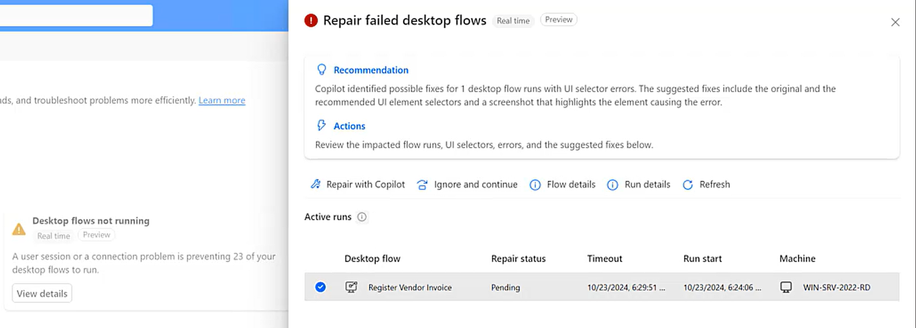 Screenshot of repair at runtime recommendation details panel in the Automation center.