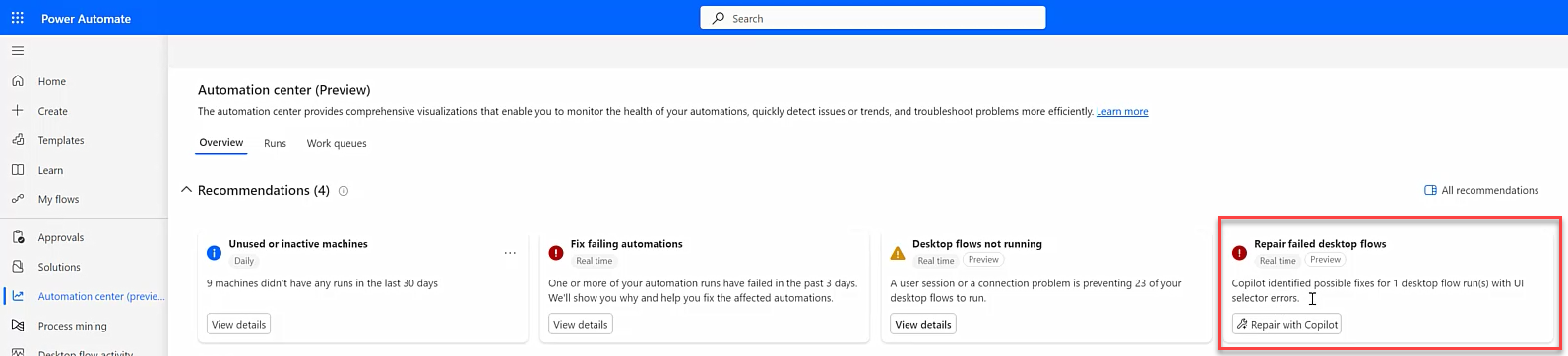 Screenshot of repair at runtime recommendation in the Automation center.
