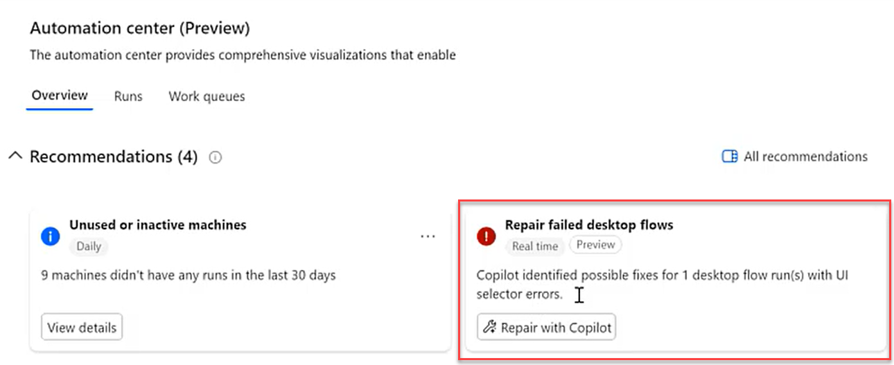 Screenshot of repair at runtime setting for the respective run mode.