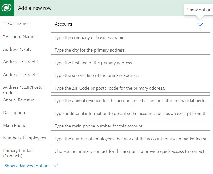 Card that shows all columns for the Add a new row action except advanced options Card that shows all columns for the add a new row action except advanced options.