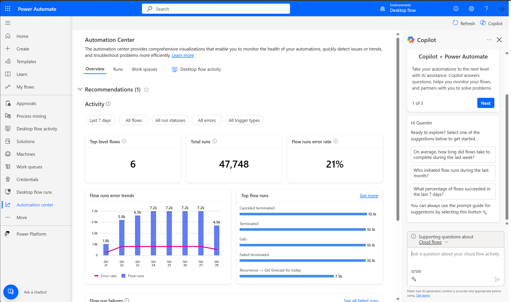 Screenshot of a copilot experience as part of the automation center page.