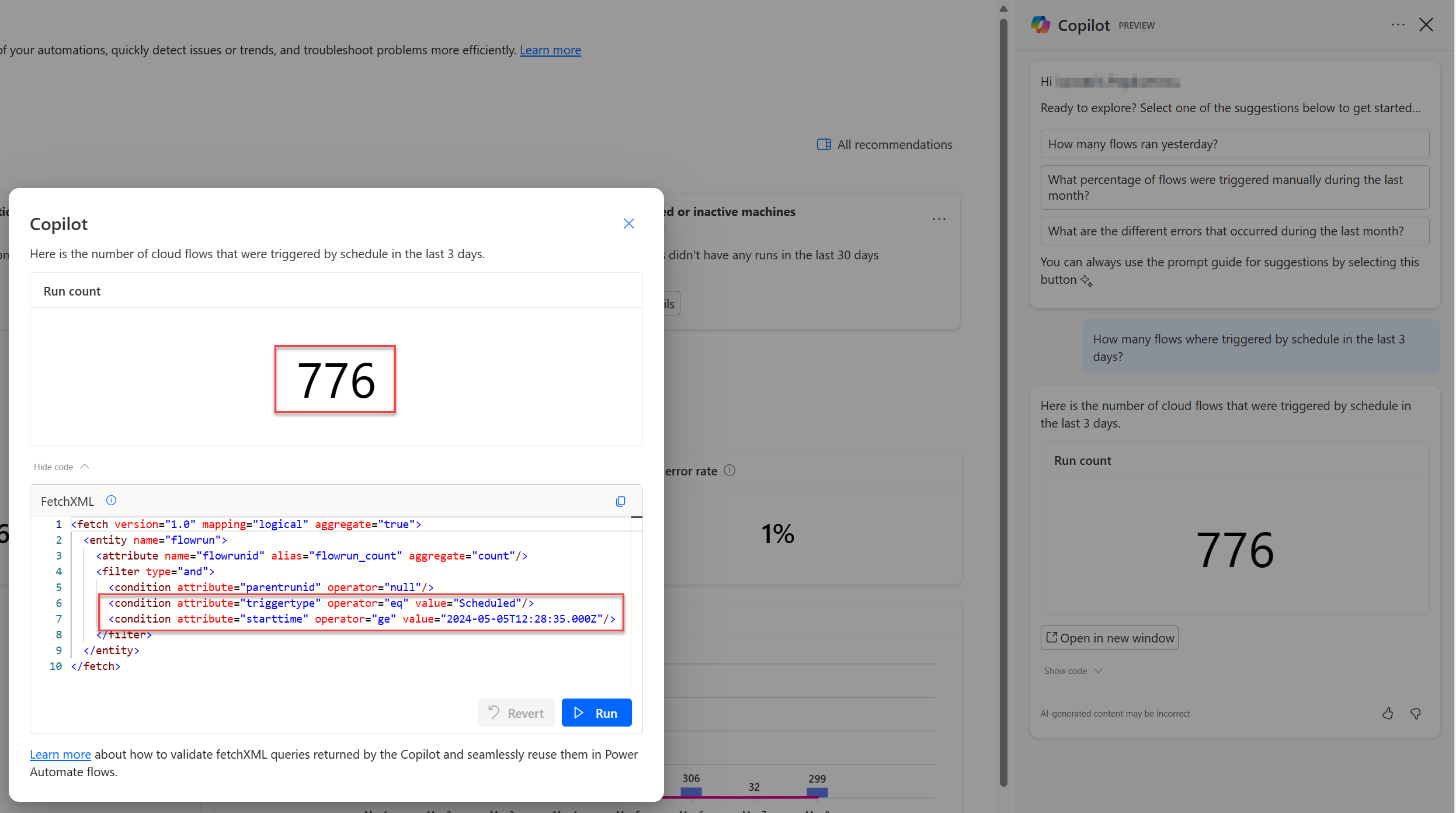 Screenshot of Copilot with generated fetchXML query code before applying changes.