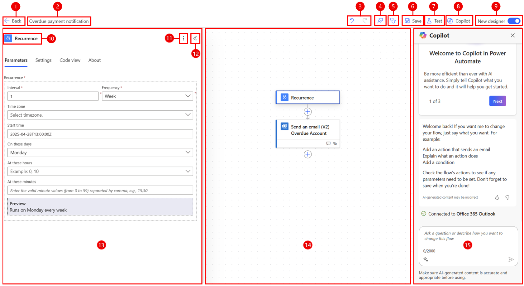 Screenshot of the cloud flows designer with Copilot.