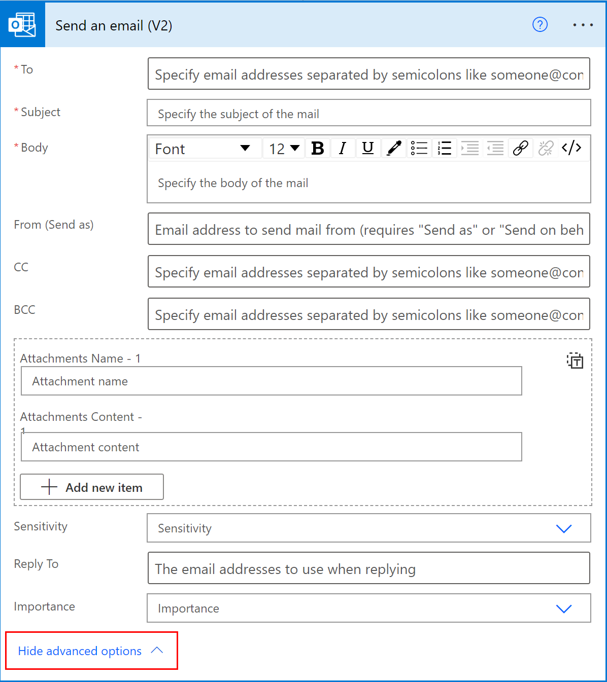Show/hide advanced options Screenshot of showing advanced options.
